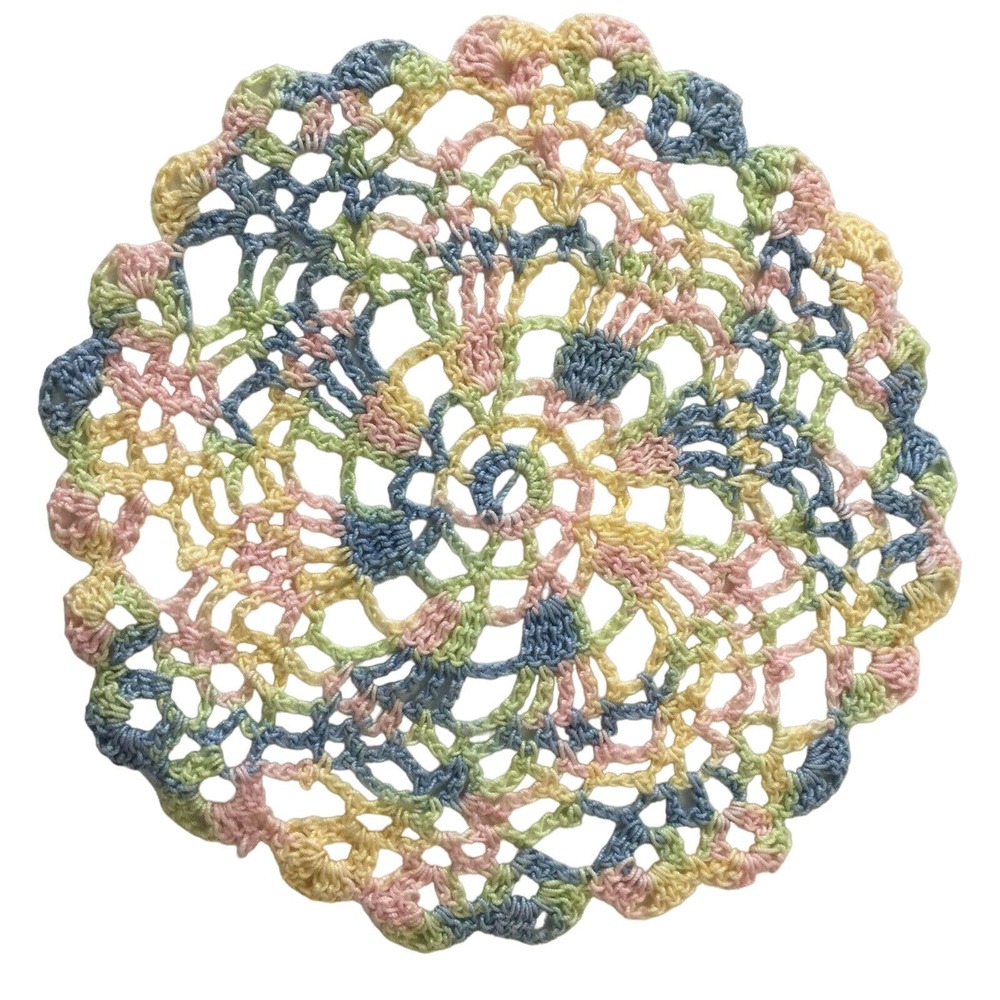 Snowflake Crochet Lacy Doily Handmade Shabby Chic Cottage Blue Yellow Round 7"